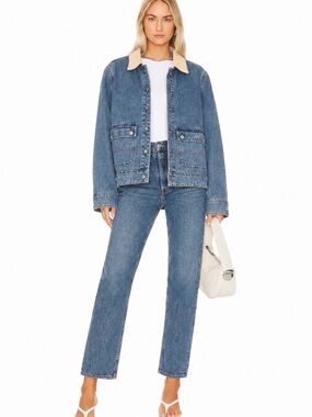 Revolve Light Blue Denim Jacket with Cream Corduroy Collar